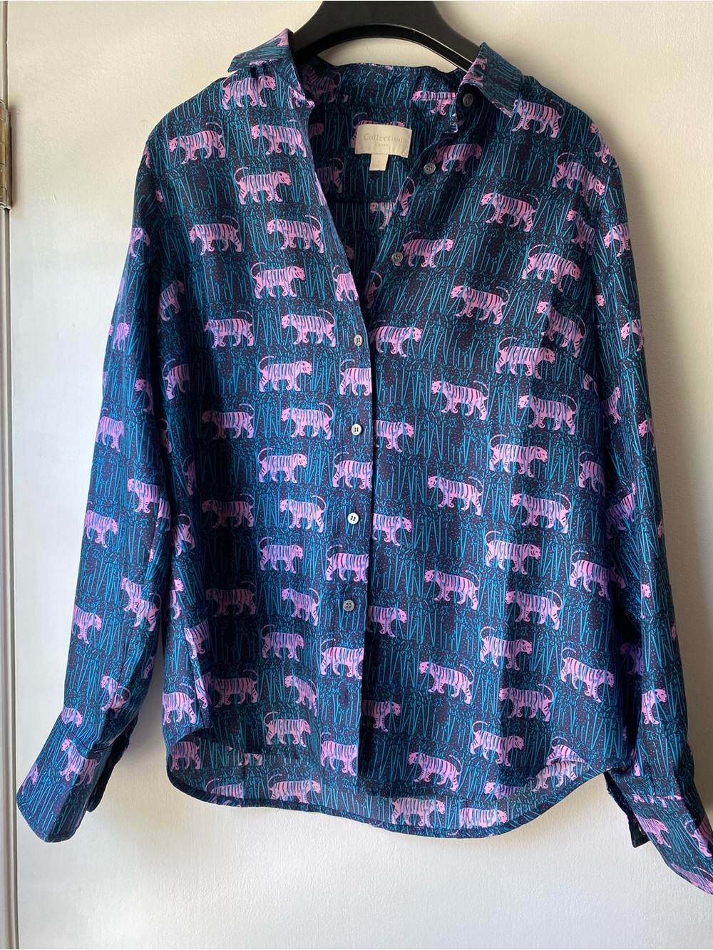 100% silk J Crew Navy Button-Down Shirt with Pink Tiger Print